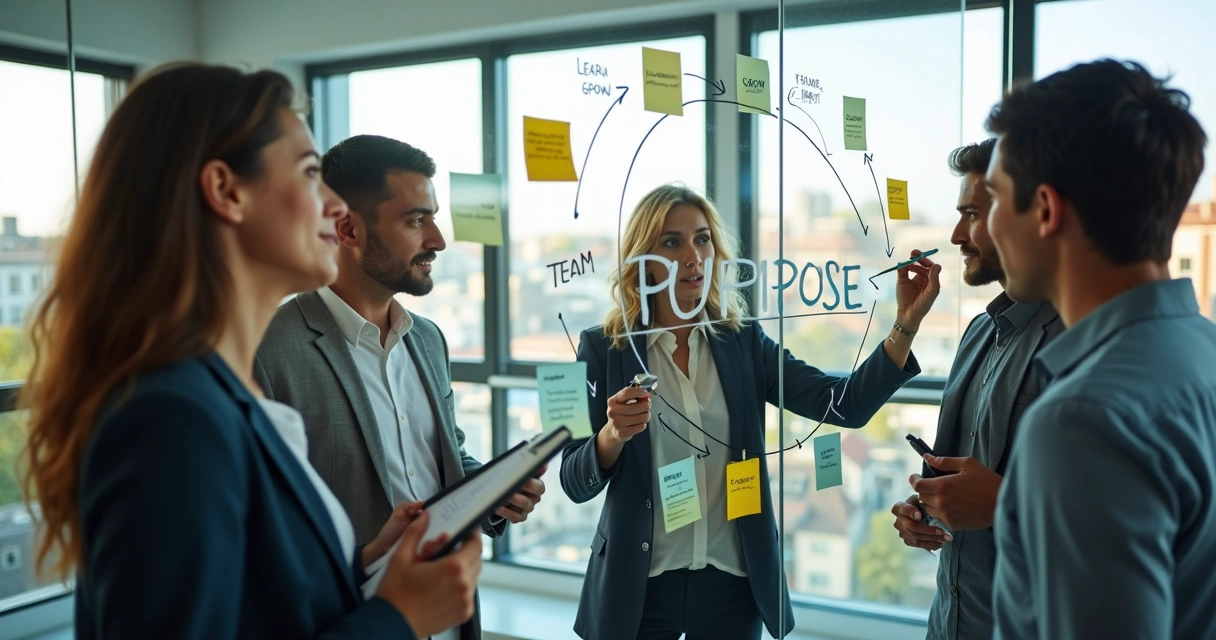 Team standing around glass wall shaping a shared feedback vision diagram 