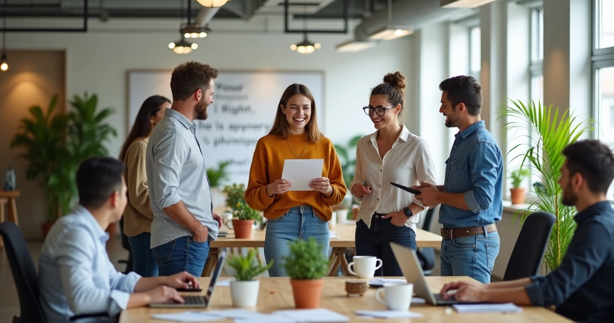 Purpose-driven workplace image with employee sharing ideas in a bright office 