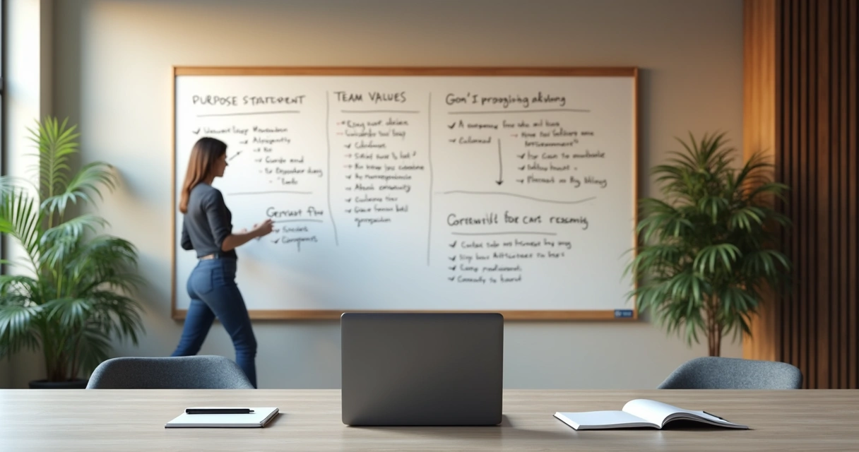 Workspace wall showing purpose, values, and growth planning notes 