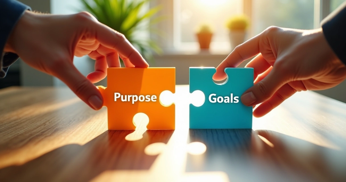 Visual metaphor of puzzle pieces connecting personal purpose and company goals 