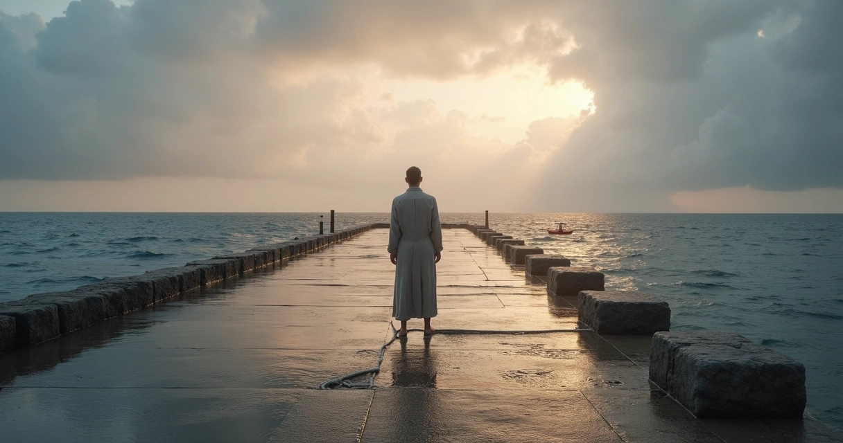 Person standing in a small harbor watching calm light over a stormy sea 