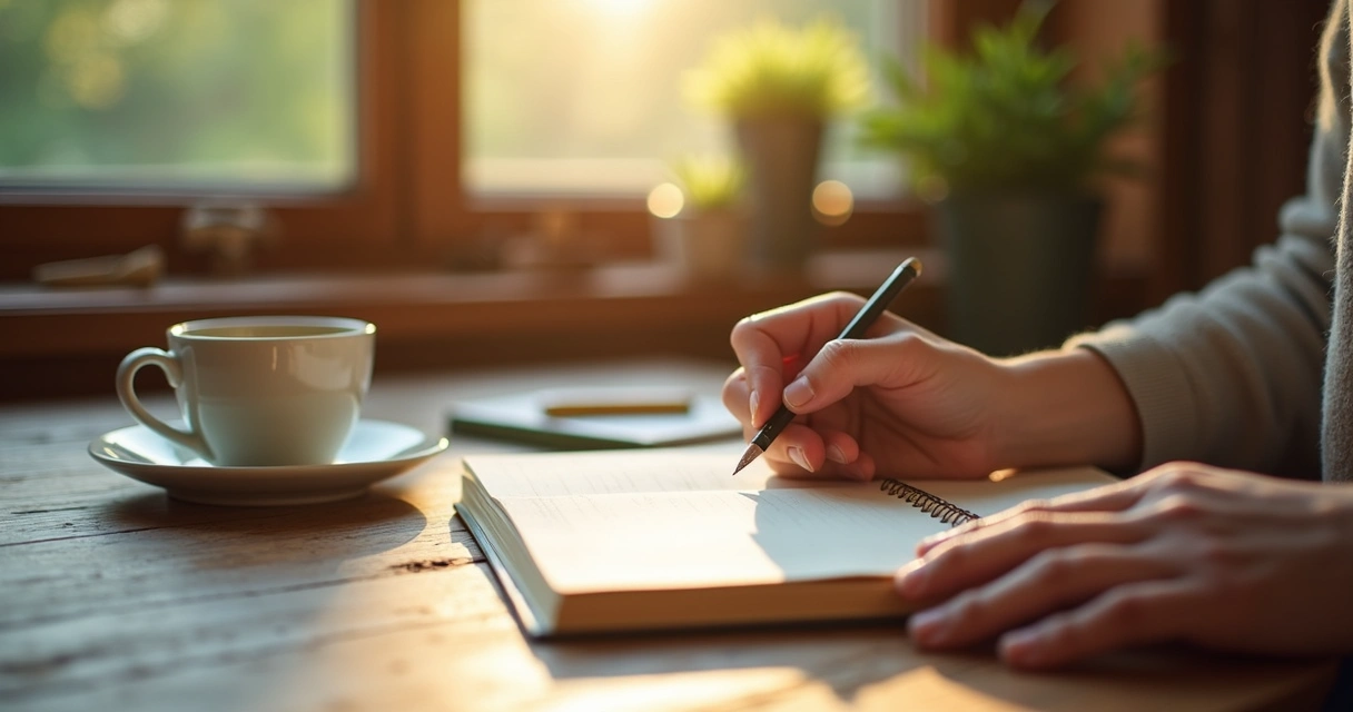 Person writing in a journal at a wooden desk with a cup of coffee 