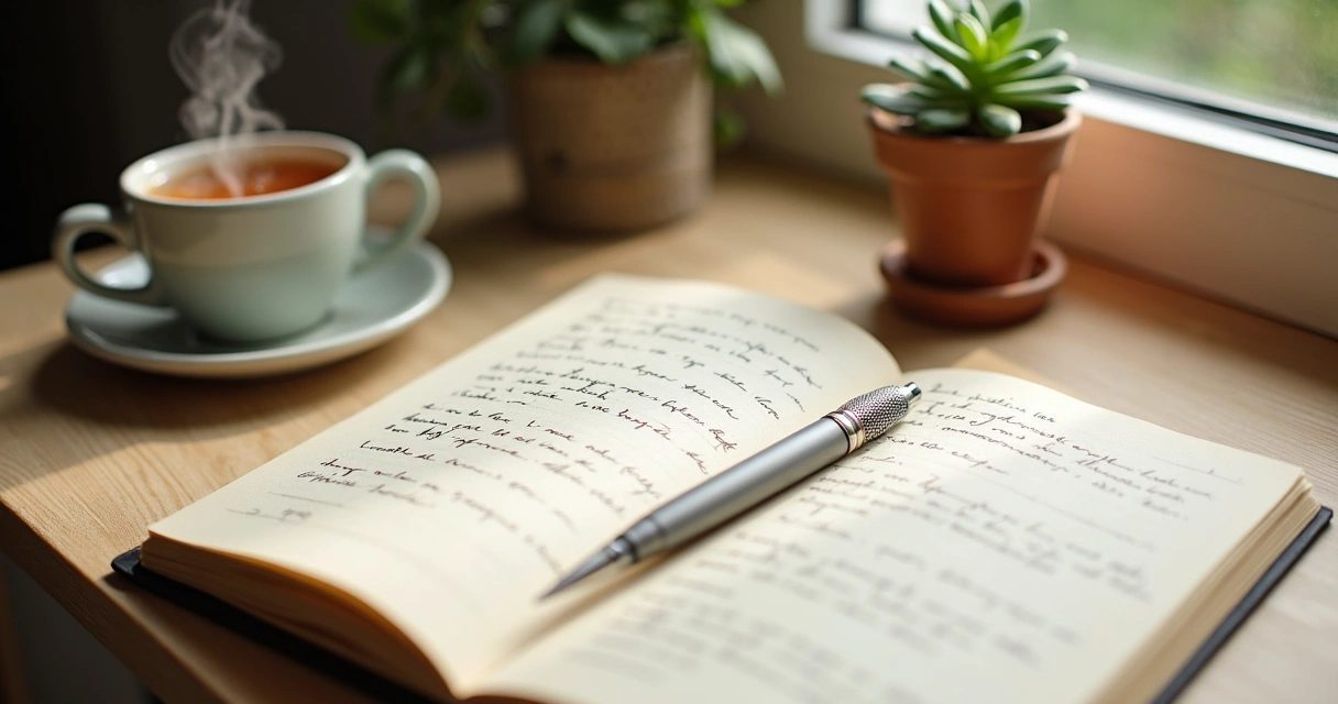 Open journal with handwriting, hot drink, and simple decor on a wooden desk