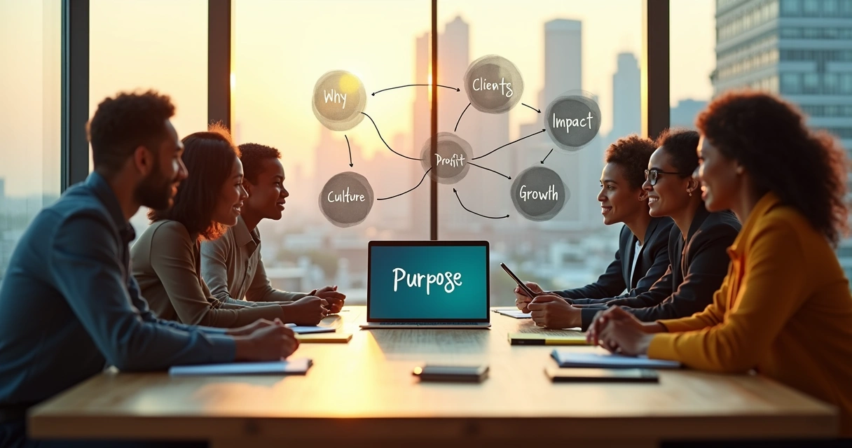 Diverse leadership team in a modern office aligning company purpose and strategy 