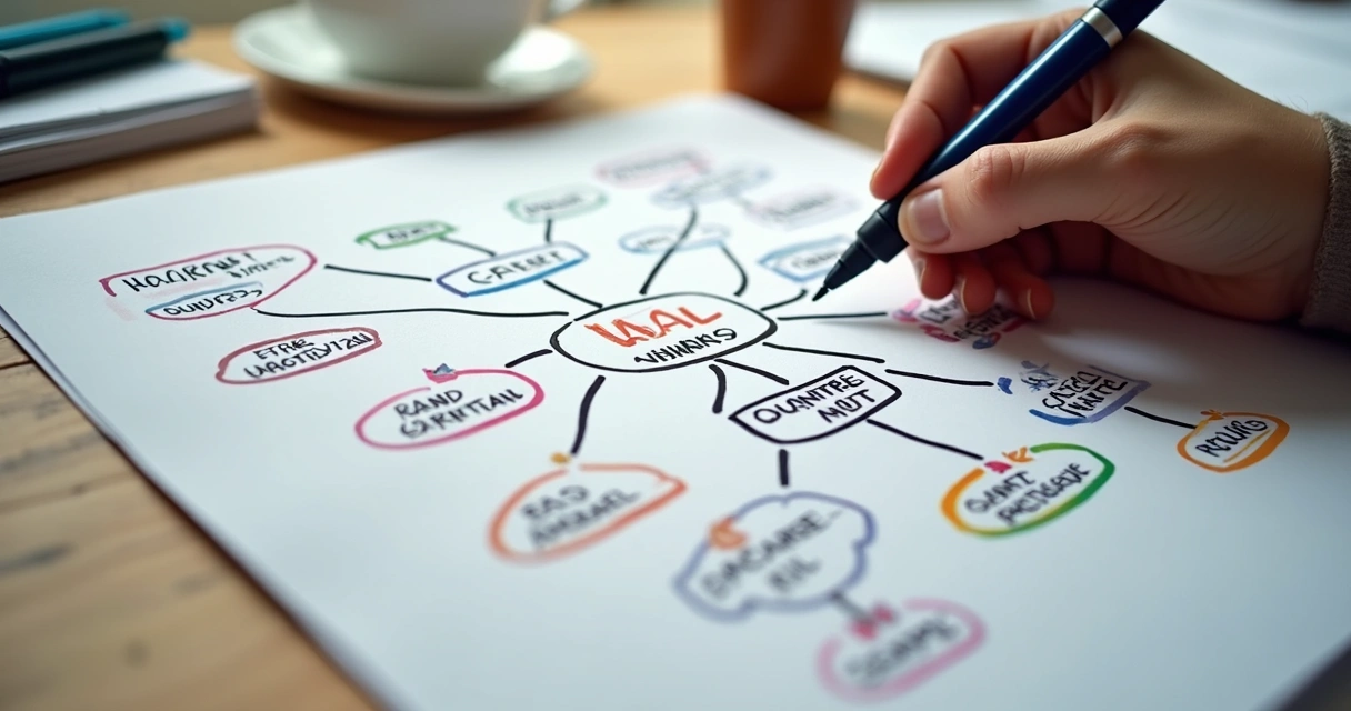 Hand drawing mind map on paper with colored pens, diagrams showing personal goals. 