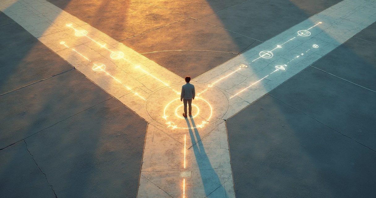 Overhead view of a person standing at a crossroads choosing between two glowing paths 