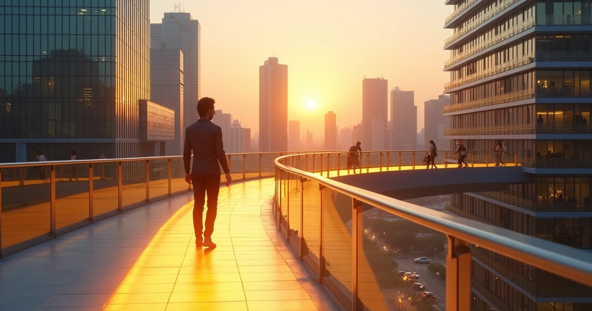 Person walking on a glowing path that merges with interconnected workplace bridges 