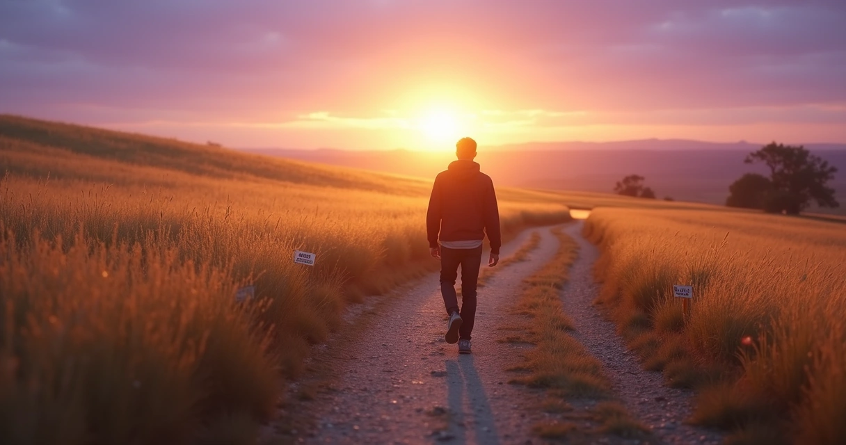 Person walking along a path lined with milestone markers, sunrise in the background 