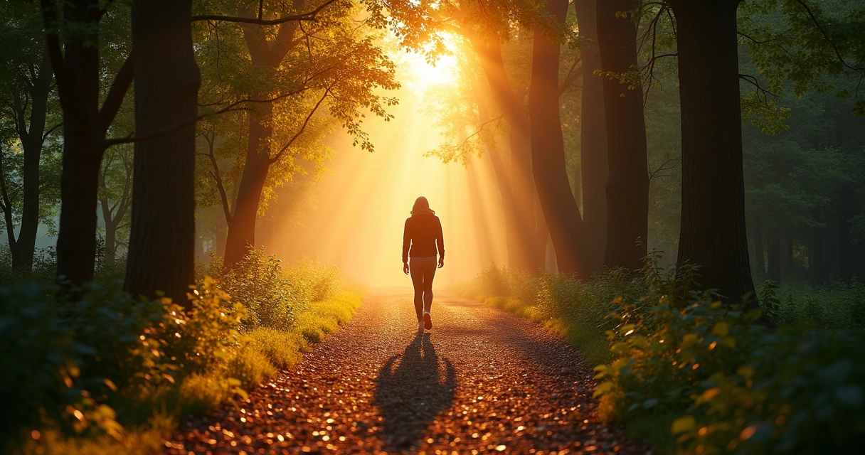 A person on a winding forest path with sunlight ahead 