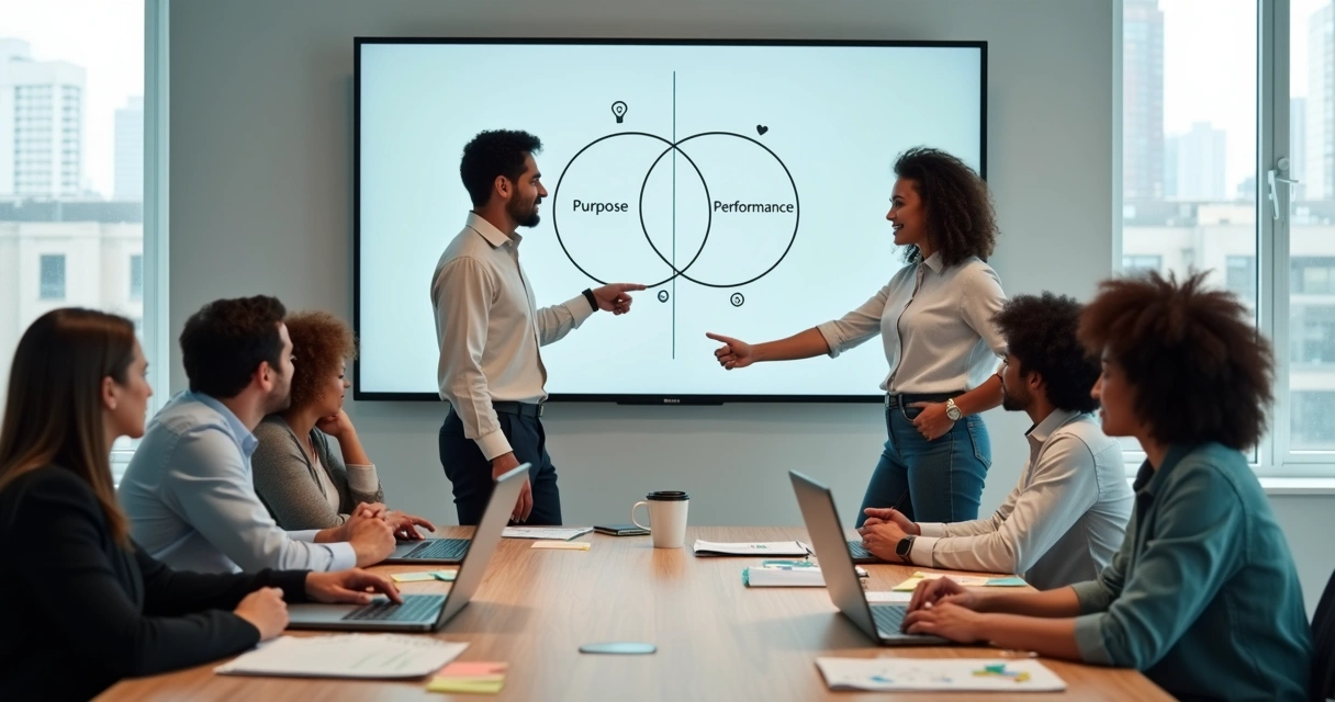 Diverse team in modern office aligning purpose and performance around a table 