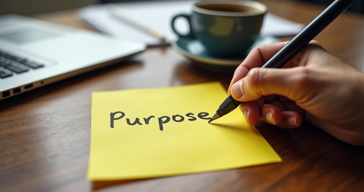 Hand writing the word purpose on a yellow sticky note on an office desk 