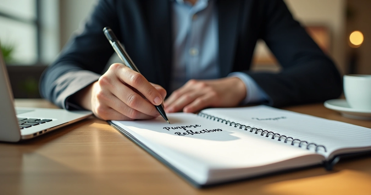 Professional writing thoughts about purpose in a notebook on work desk 