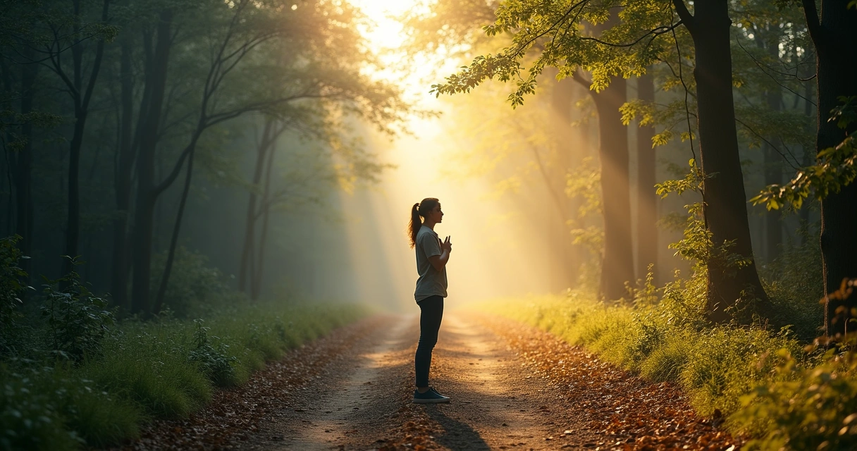 Person on a forest path pausing between dark fatigue and bright renewed purpose 