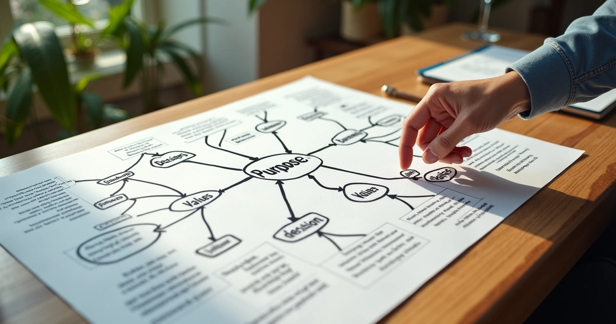 A mind map showing connections between purpose, values, and decisions 