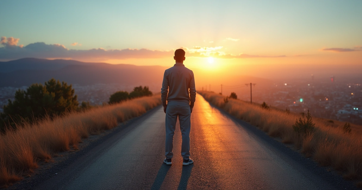 Person standing at a crossroads with one bright path and one dark city path 