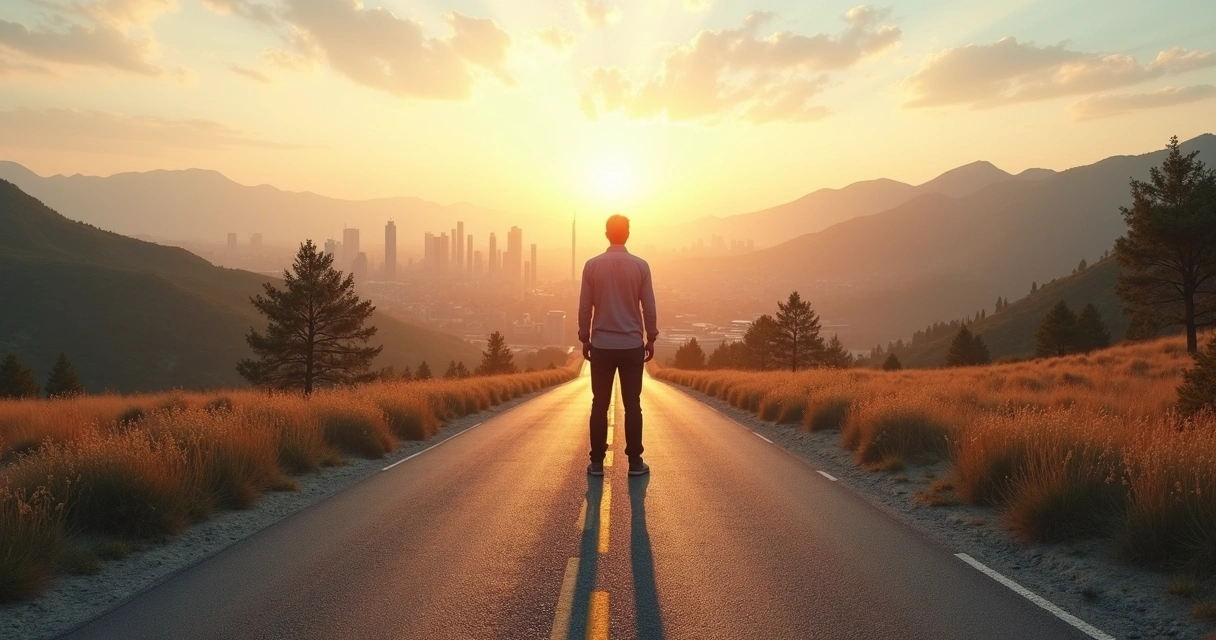 Person standing at a crossroads between a glowing path and a towering city skyline 