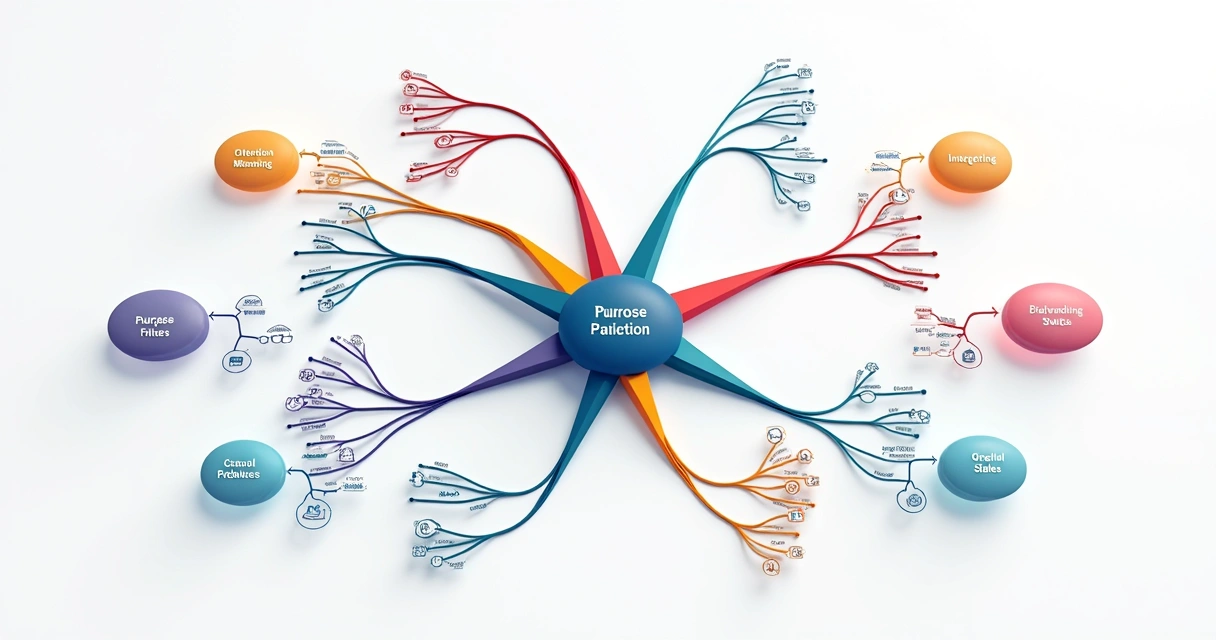 Mind map illustration with branches labeled purpose, attention, meaning, and behavior, color-coded and connecting in the center. 