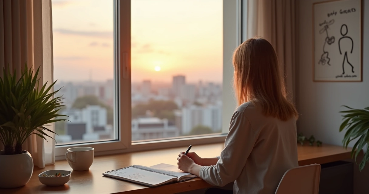 Person planning a purposeful daily routine at a modern desk with sunrise in the background 