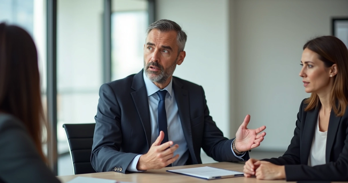 Business leader using open hand gestures while speaking at a meeting table