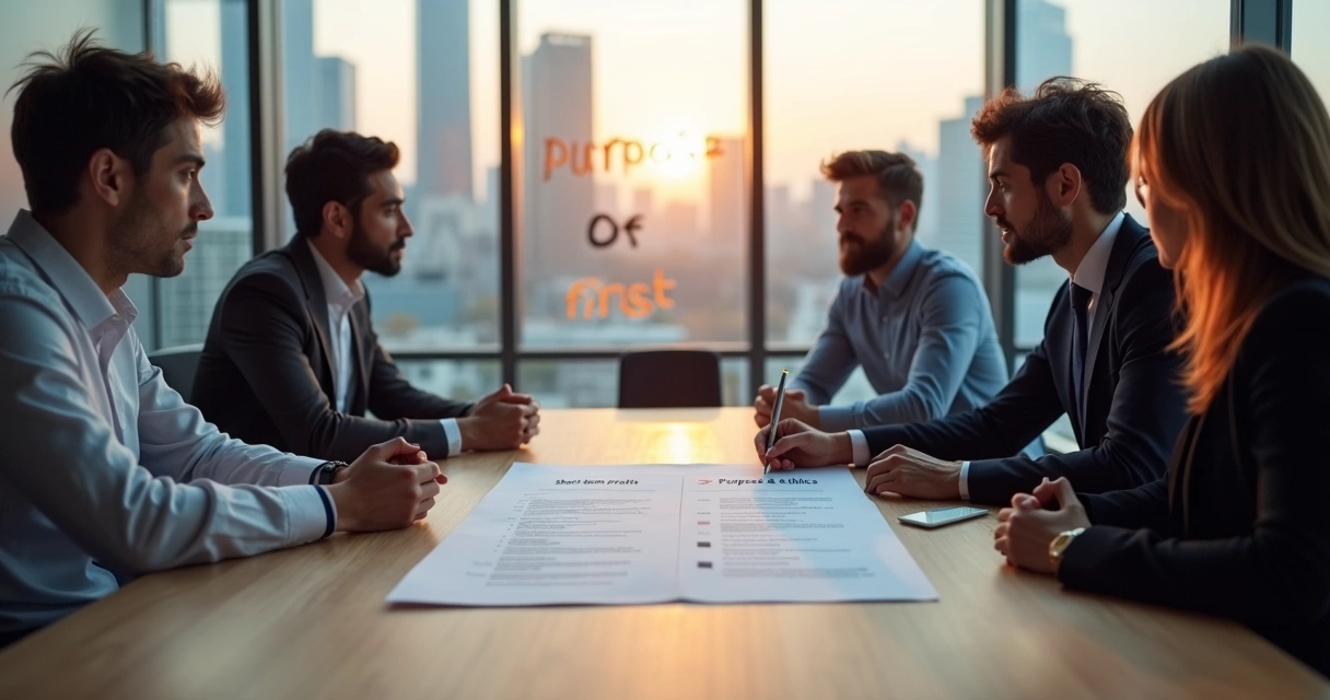 Diverse professionals in a meeting room weighing an ethical workplace decision 