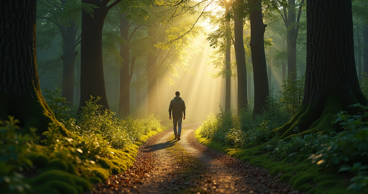 Person walking on a forest path with sunlight filtering through the trees, symbolizing a journey with purpose and direction. 