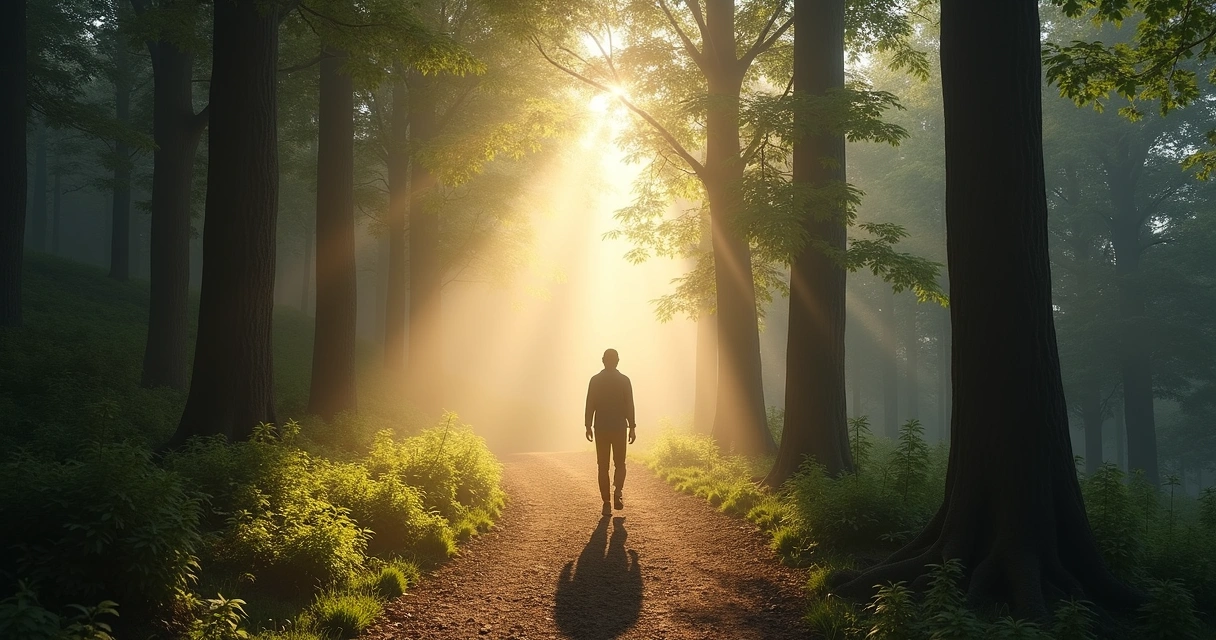 Person walking along a forest path surrounded by light and shadow