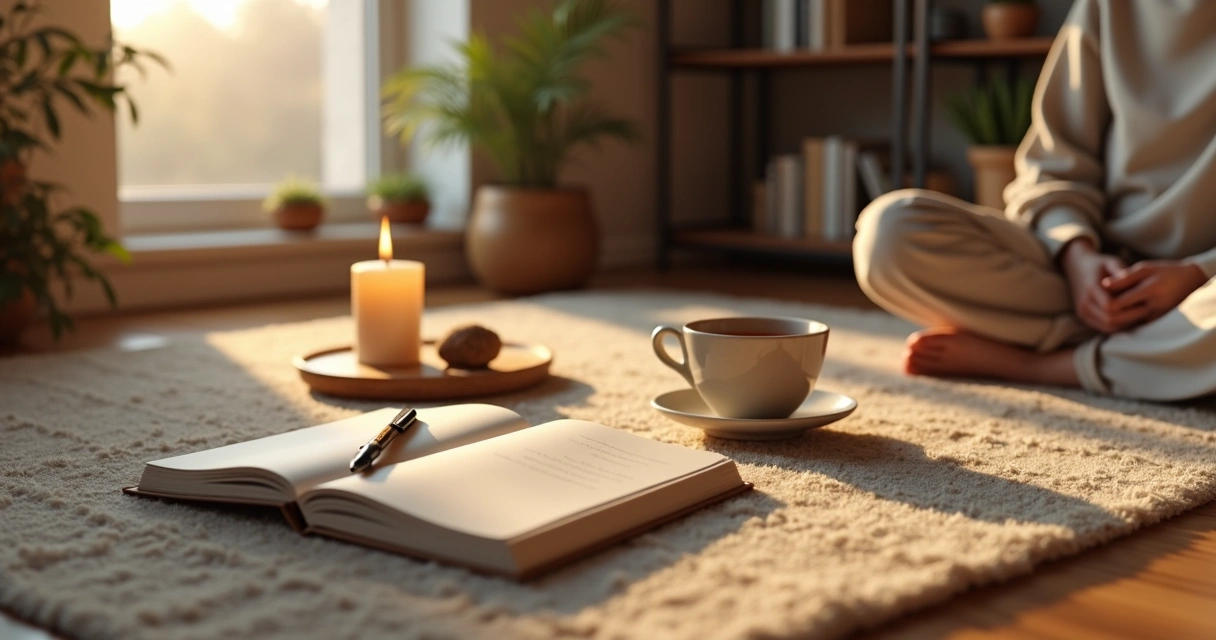 Person creating a calm morning ritual with candle journal and tea 