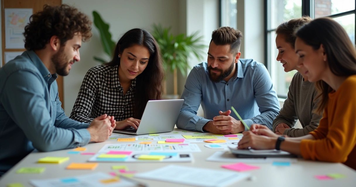 Diverse team working together with purpose-driven notes and charts 