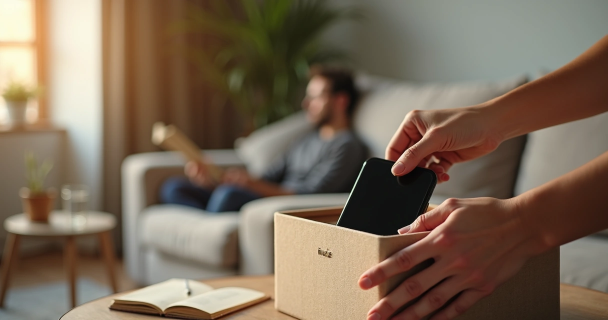 Person silencing smartphone and placing it in a box while relaxing with a book 