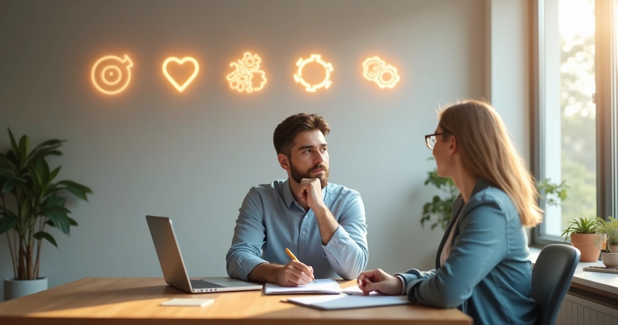 Professional reflecting at desk with aligned values icons overlay 