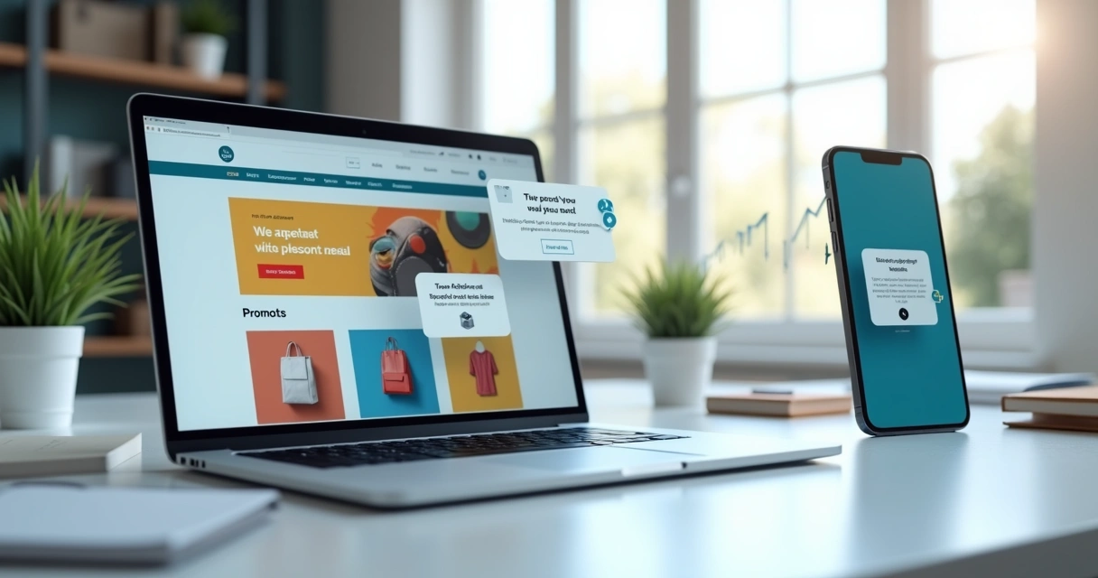 Tela de e-commerce em laptop exibindo push notifications de oferta e carrinho abandonado 