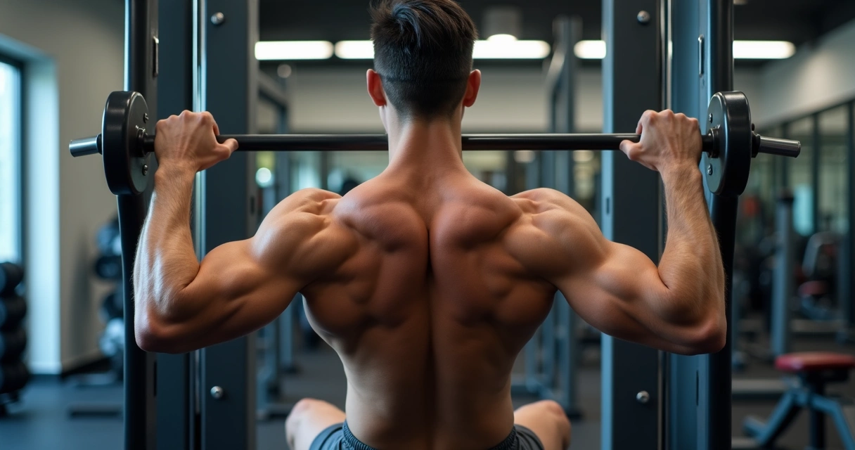 Pessoa executando puxada aberta na frente com foco nas costas e postura alinhada 