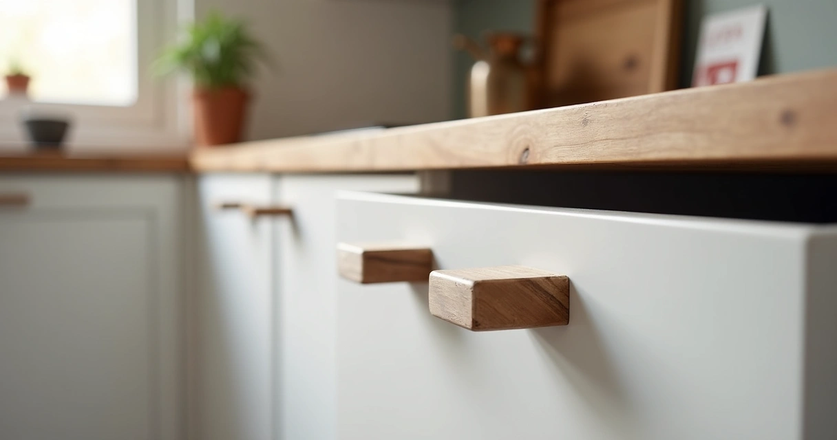 Detalhe de puxadores modernos em móvel de apartamento alugado 