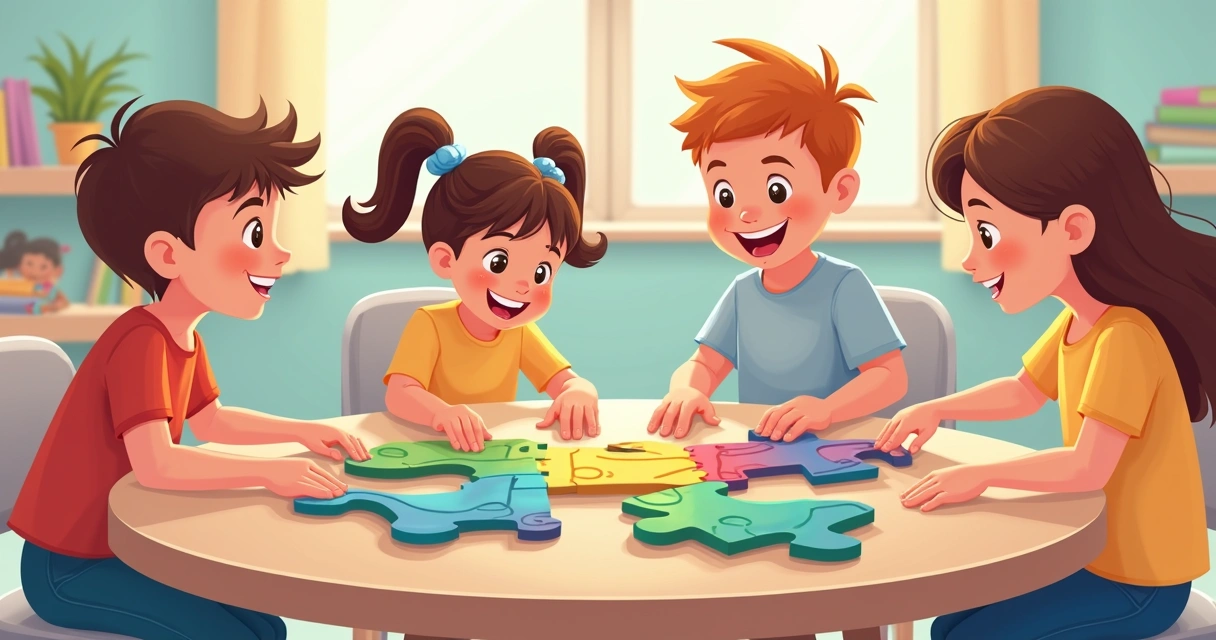 Grupo de crianças montando quebra-cabeça juntas em uma mesa