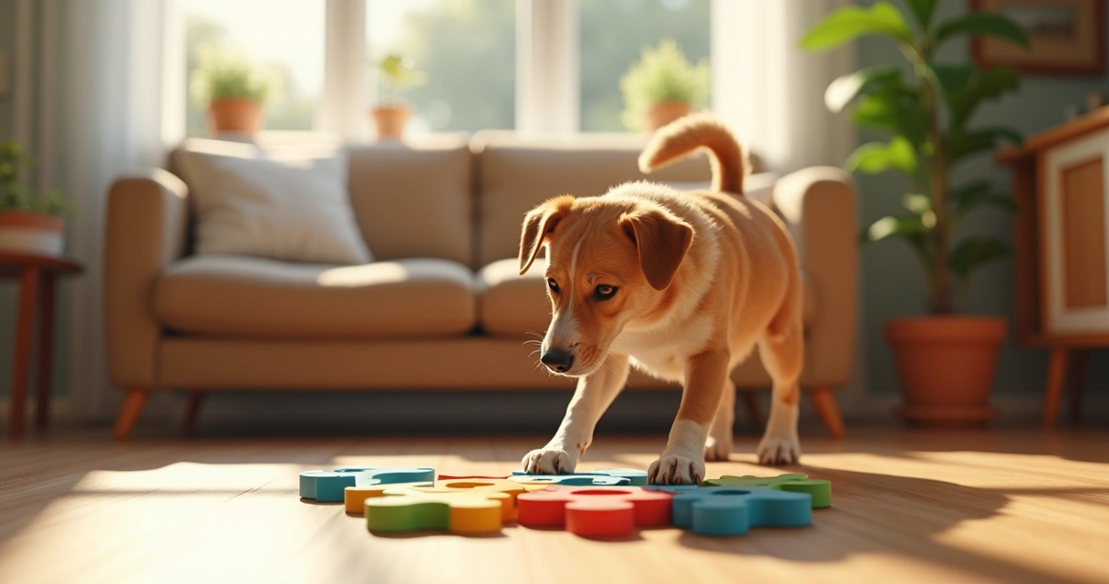 Dog playing with a puzzle toy on living room floor 