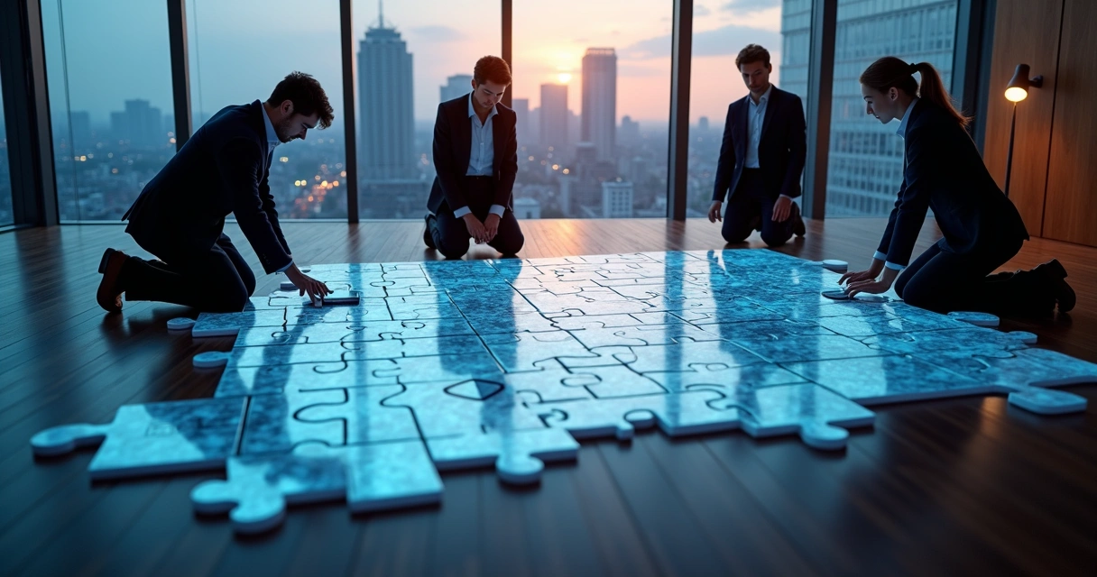 Executivos encaixando peças de quebra-cabeça gigante com ícones de governança e contratos 