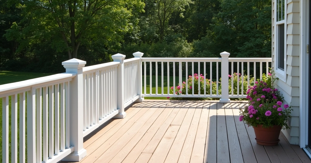 White PVC railing with composite decking, landscaped Florida yard 
