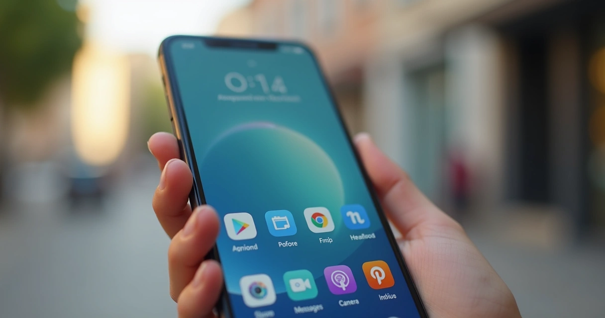 Tela de smartphone mostrando ícone de PWA instalado ao lado de apps nativos, mão segurando o aparelho 