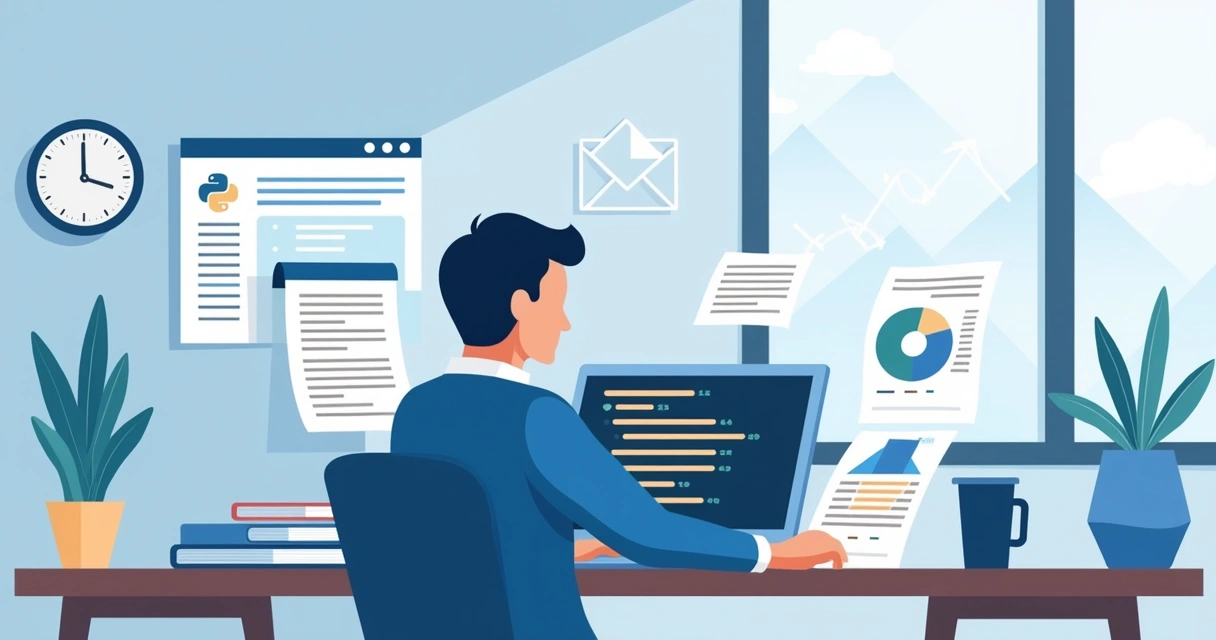 Analista extraindo dados financeiros de PDFs com Python em um escritório moderno