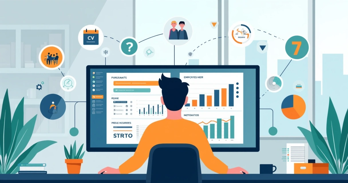 Ilustração de profissional de RH usando Python para criar relatórios automáticos em painel de dados 