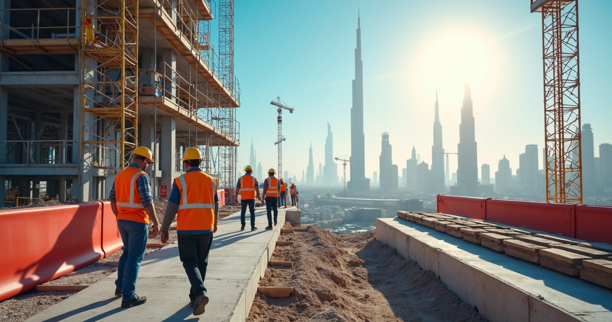 Construction workers in Qatar wearing safety gear at a building site, with city in background. 