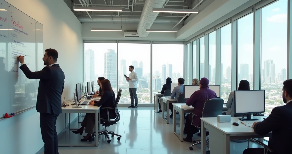 Employees working in modern qatari office 