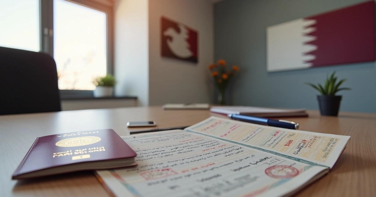 Official documents and passport stamps arranged on a desk, showing Qatari work permits and visas. 