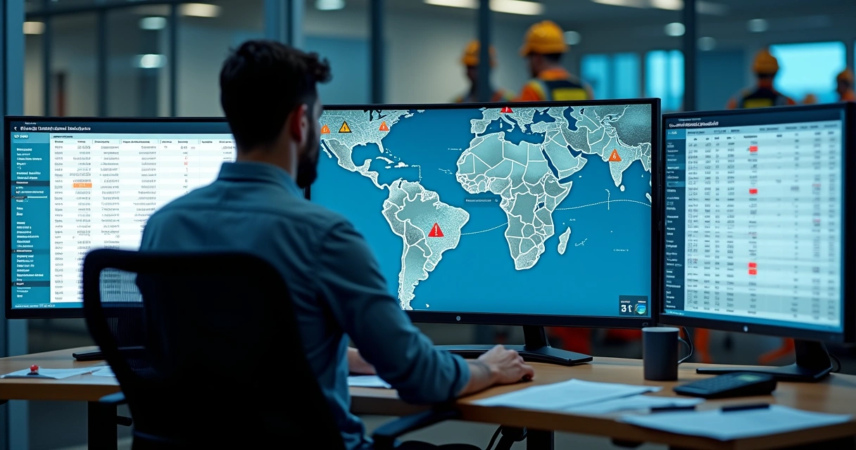 Sala de controle logística monitorando caminhão de frete fracionado com alertas de multa na tela 