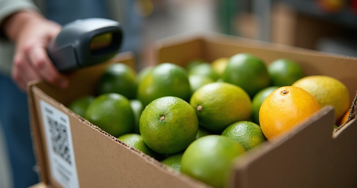 Caixa de frutas com etiqueta e QR code