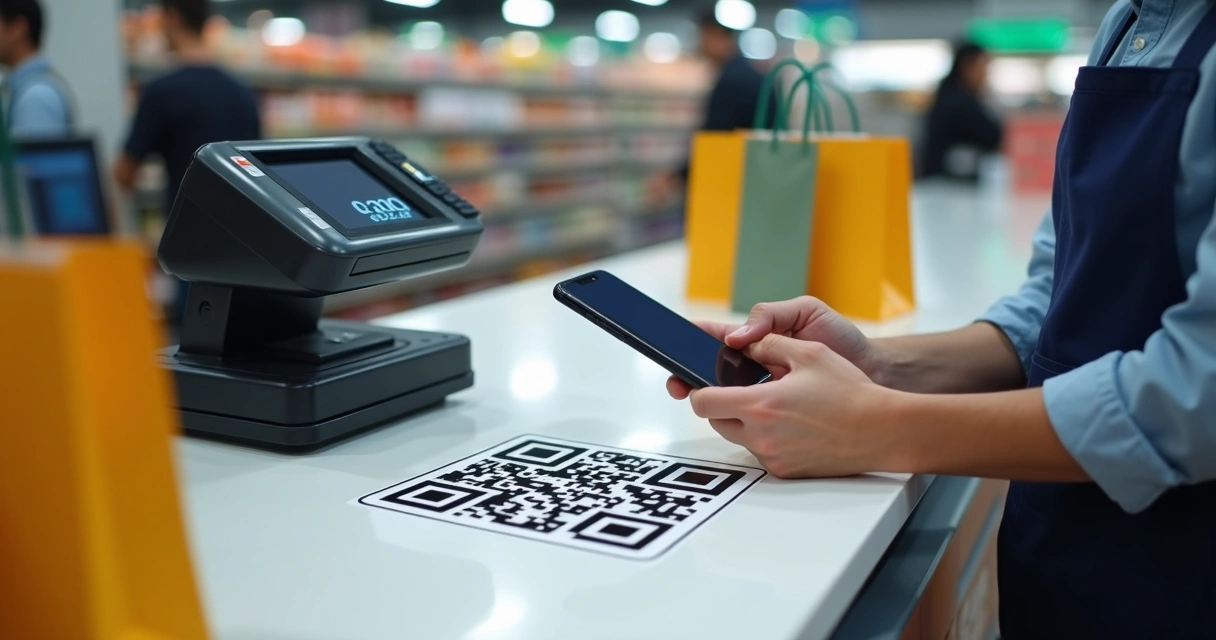 Pagamento por QR code no caixa de um supermercado 