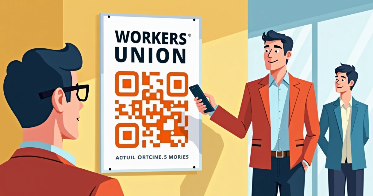 Homem escaneando QR code sindical em cartaz de parede