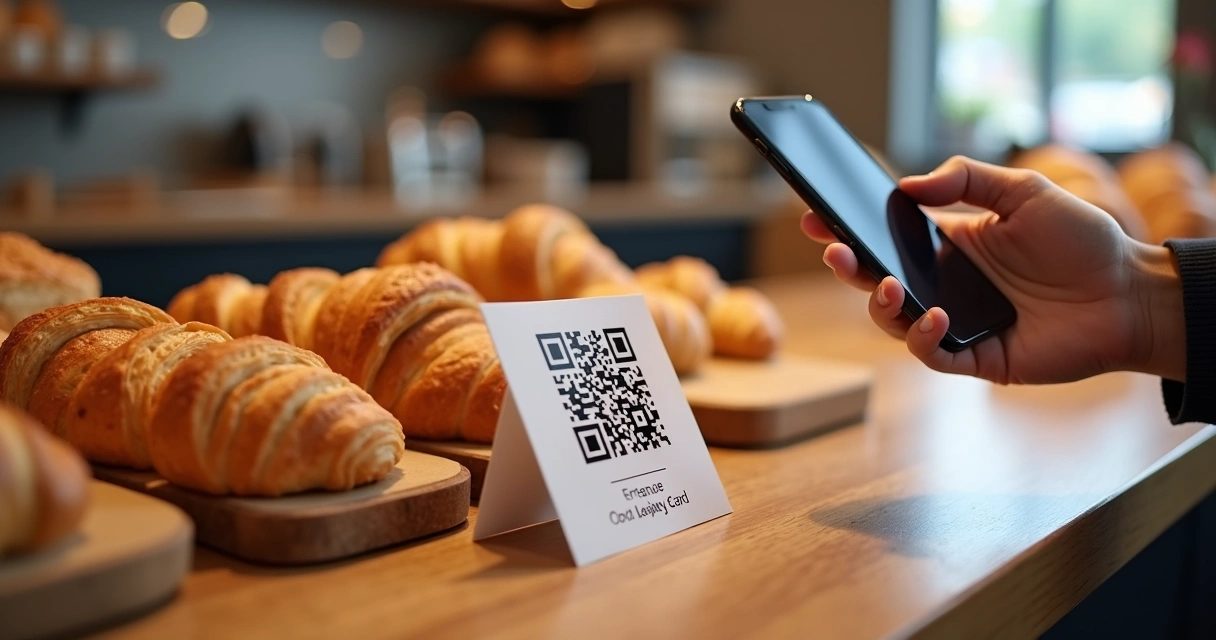 QR Code de cartão de fidelidade digital em mesa de padaria