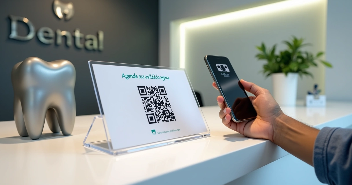 Paciente aproximando celular de QR code em balcão de clínica odontológica 