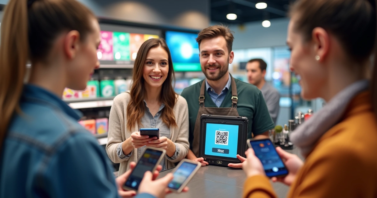 Funcionário apresenta QR Code Pix a clientes na loja